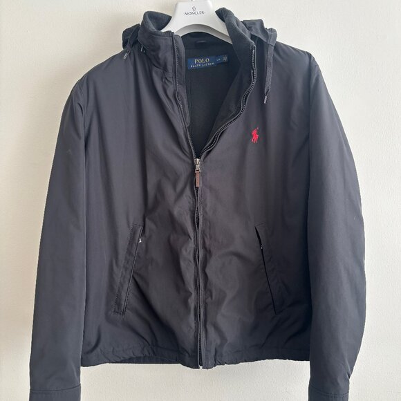 $375 Polo Ralph Lauren Black Insulated Windbreaker Jacket Stowable Hood - Large - Picture 1 of 11